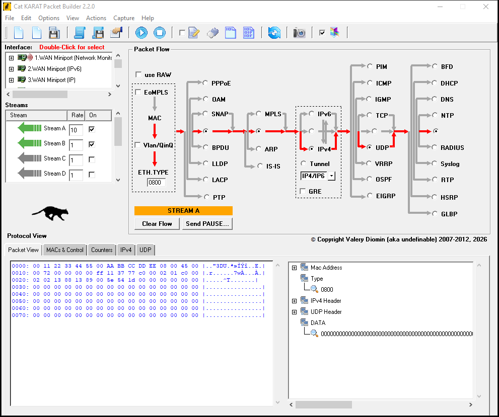 Cat KARAT packet flow editor with multiple streams