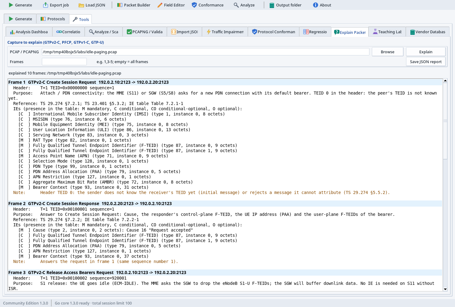 Decoded mobile-core messages with 3GPP references