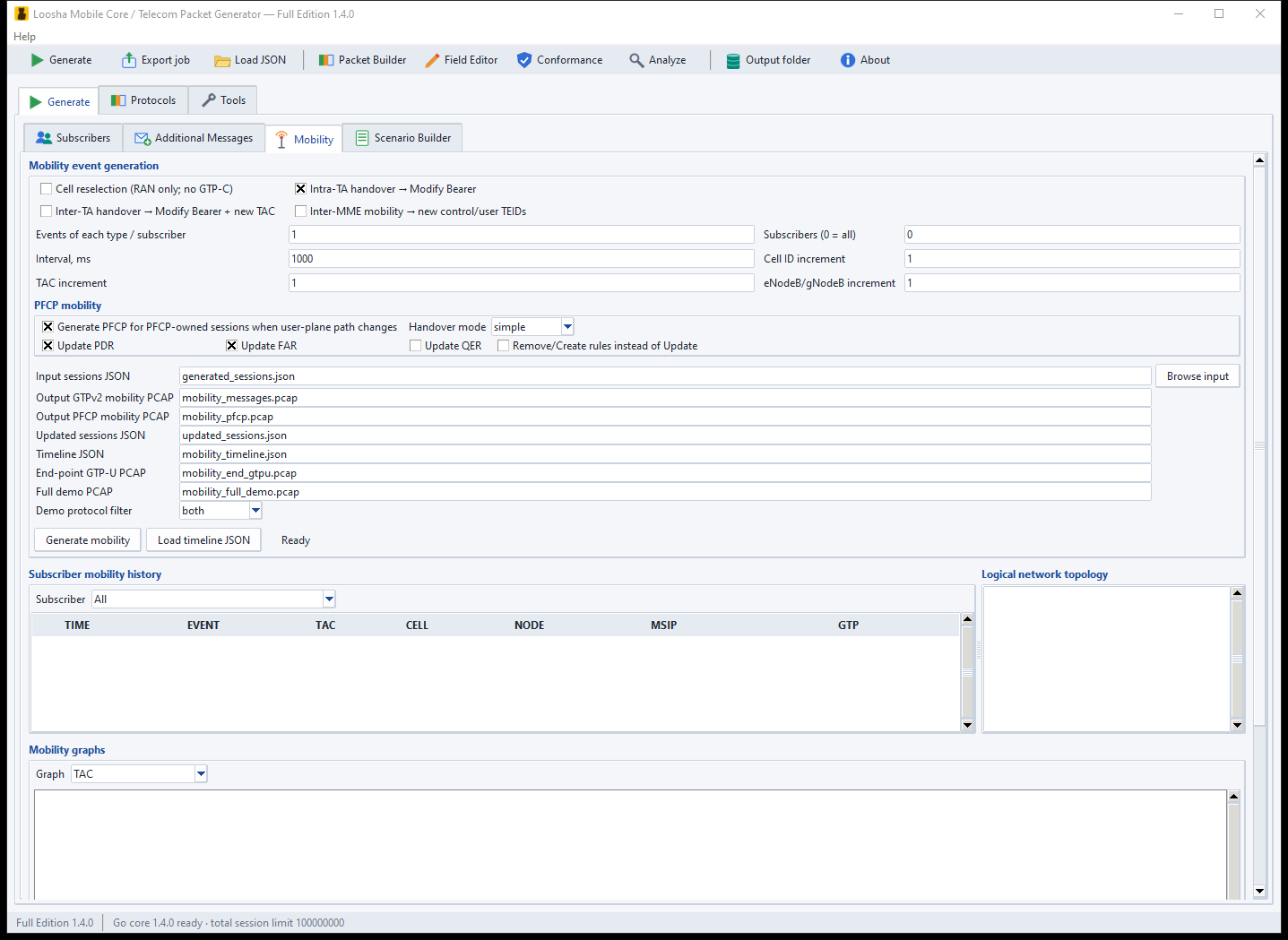 Mobile Core Generator mobility scenario configuration