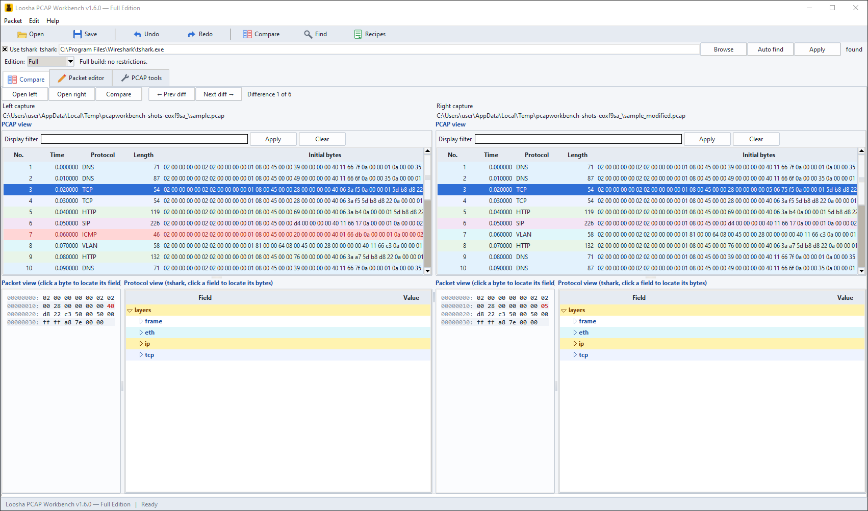 PCAP Workbench comparing two network captures