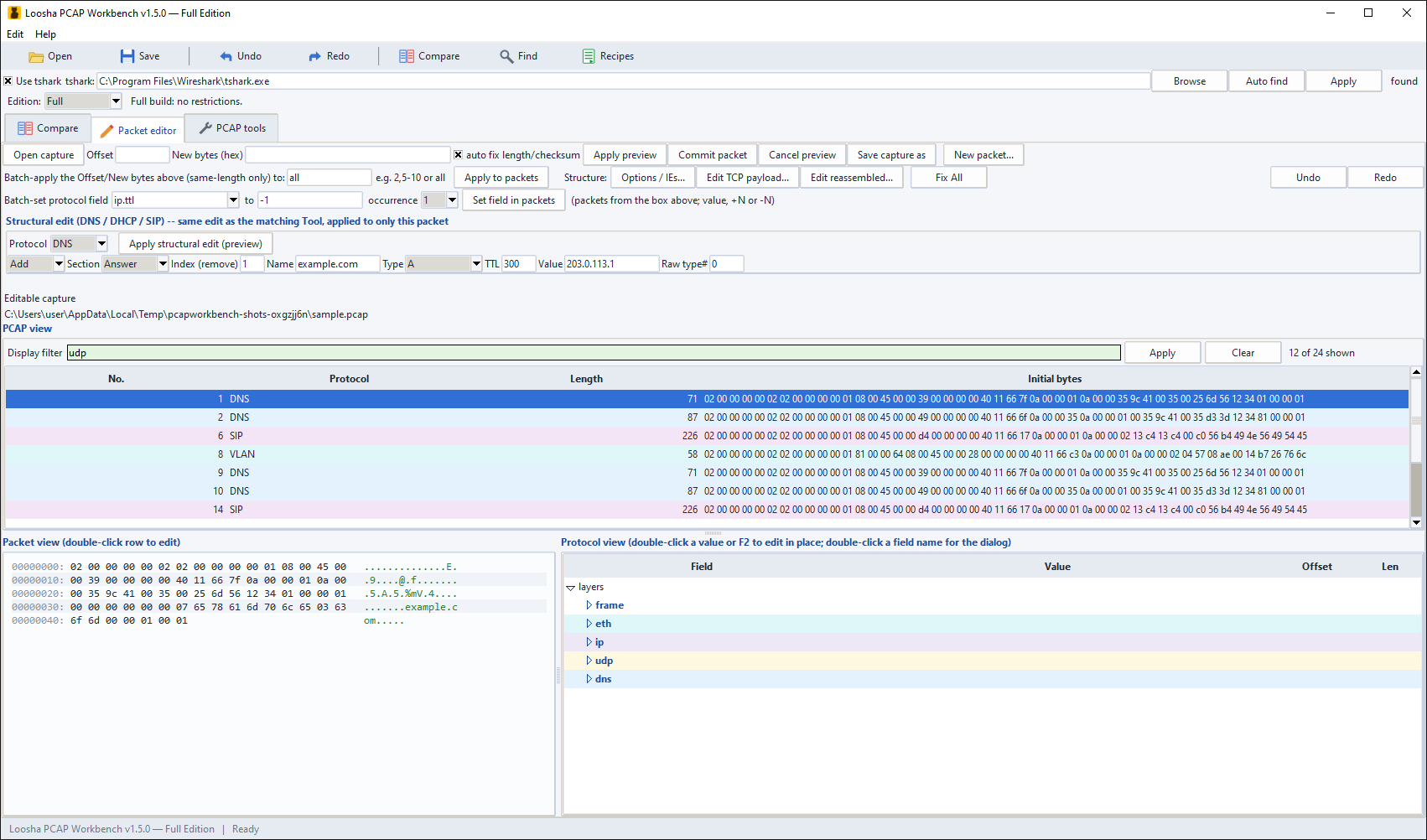 PCAP Workbench packet editor and display filter